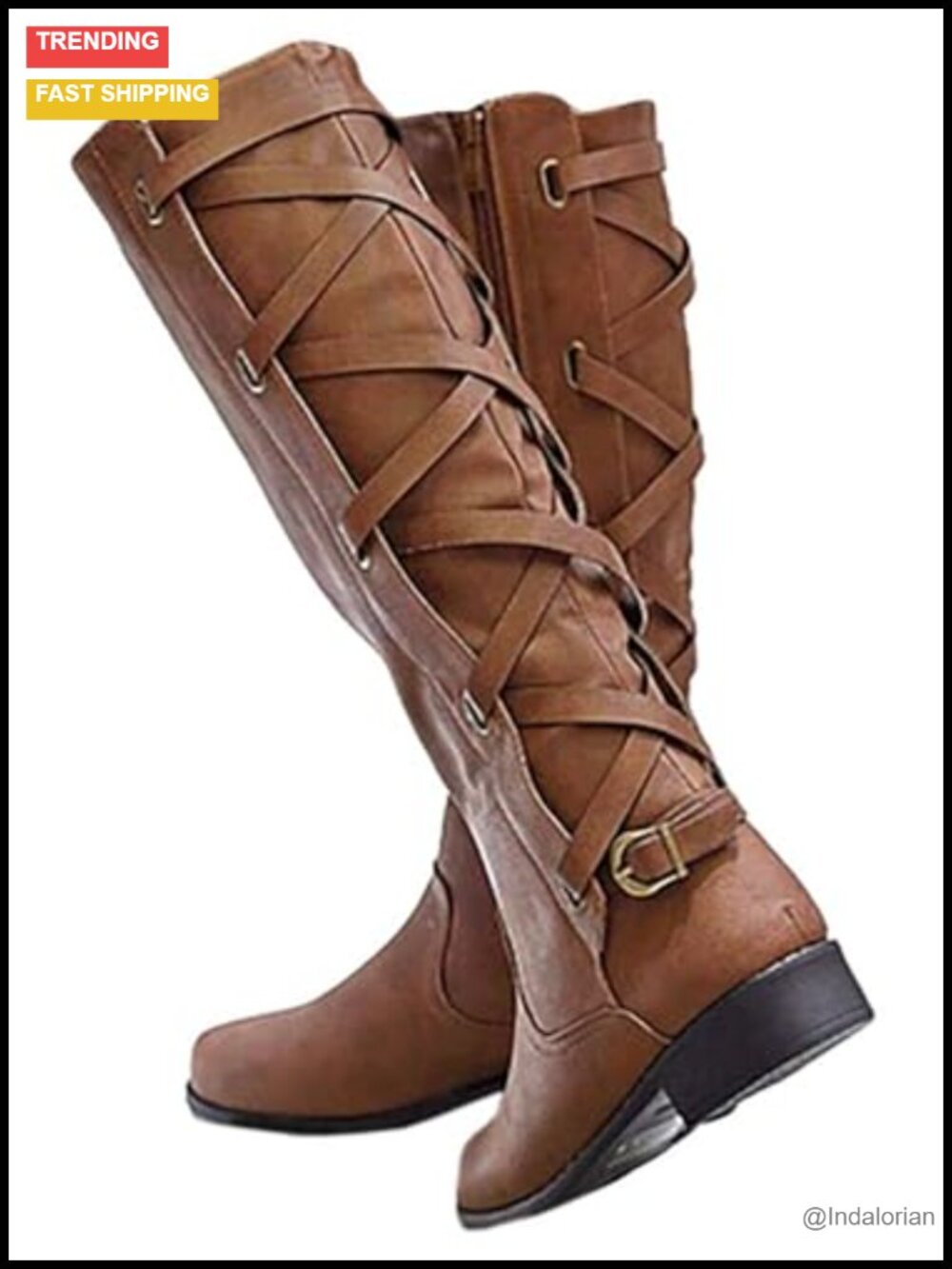 Syktkmx Womens Lace Up Knee High Motorcycle Boots Low Heel Strappy Riding Shoes